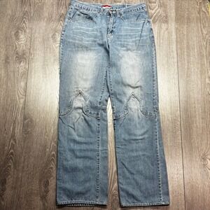 Meant To Be Wide 32 x 31.5 Leg Flame Panel Jeans Light Wash Blue Denim Y2k